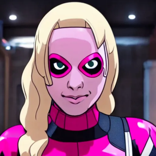 Image similar to A still of Gwenpool in Deadpool 3 (2023), no mask, blonde hair with pink highlights