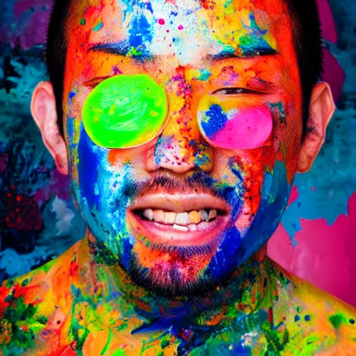 Image similar to a portrait of abstract asian guy's face with full of paint on the face