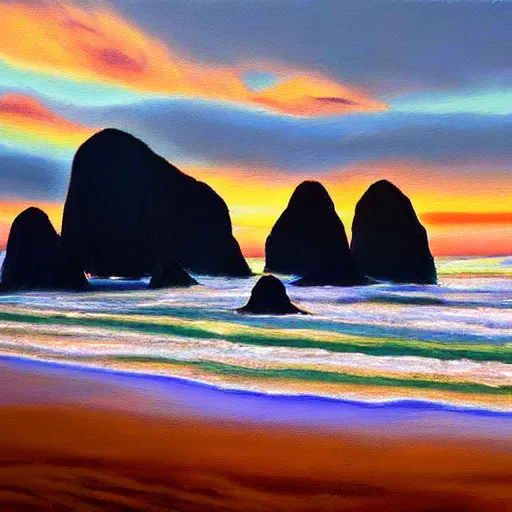 Prompt: cannon beach realistic painting at sunset