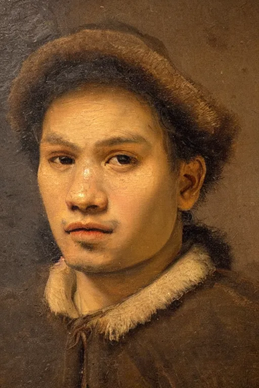 Prompt: an accurate a close - up portrait of a young peruvian man painted by rembrandt, oil painting, baroque painting, highly detailed, 4 k.