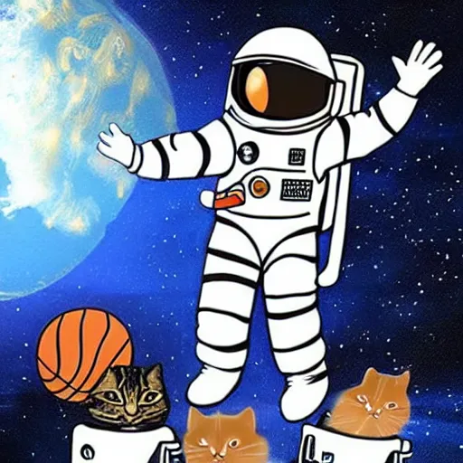 Prompt: An astronaut playing basketball with cats in space