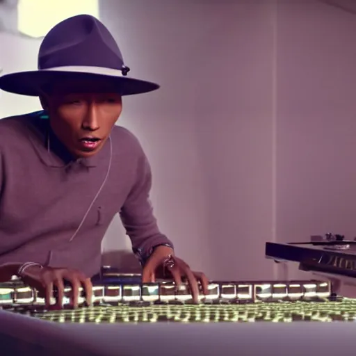 Image similar to cinematic film still of Pharrell Williams Making A Beat with an anthropomorphic alien, Japanese VFX, 2018, 400mm lens, f1.8, shallow depth of field,film photography