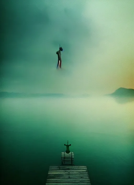 Image similar to “unicorn pepe the frog vertically hovering above misty lake waters in jesus christ pose, low angle, long cinematic shot by Andrei Tarkovsky, paranormal, eerie, mystical”