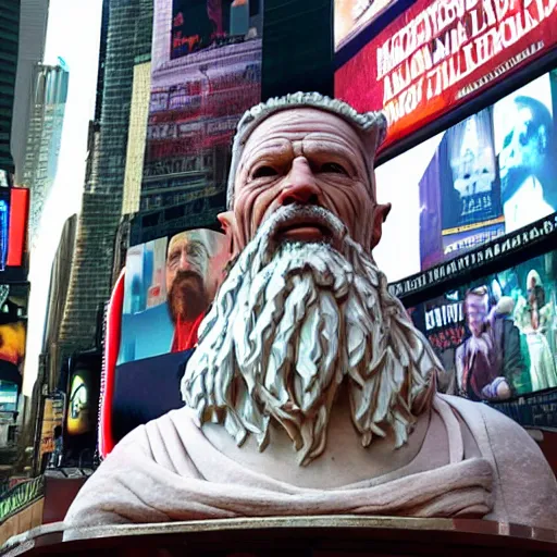 Image similar to extreme long - shot photograph of a renaissance clay sculpture of walter white wearing a phrygian cap in times square, made by michelangelo, very detailed, sharp focus, 8 k resolution, ray tracing