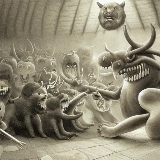 Image similar to a hyperrealistic painting of a demon performing at a childrens birthday party, by john kenn mortensen, highly detailed,