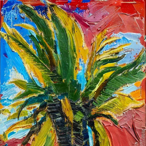 Prompt: oil paint impasto relief, painting of a palm tree in italy, multi layered thick brush marks, some splattered paint, in the style of monet and frank auerbach