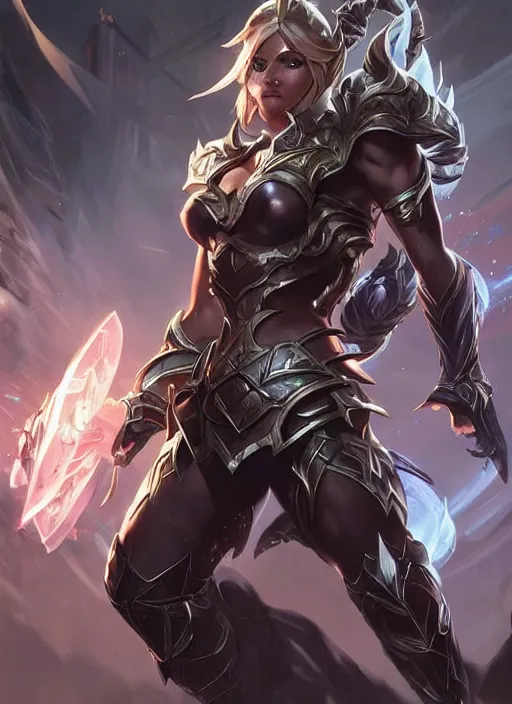 Image similar to poster!! beautiful new female character for league of legends, character concept art, action pose, illustration, full body armor, steel plating, huge weapon, super powers, athletic, symmetry, intricate design, shiny, highly detailed, hd, dramatic lighting, art by artgerm and greg rutkowski