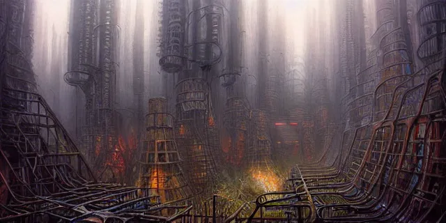 Image similar to painting of redwood forest labyrinth consuming cyberpunk metropolis in the style of steampunk by dan seagrave and tomasz alen kopera