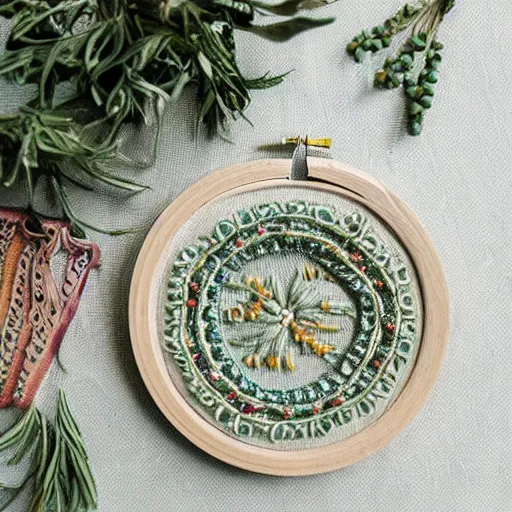 Image similar to a detailed product photograph of a little symmetrical intricately embroidered enchantment that represents abundance and playfulness and that friday feeling, made with tiny delica beads and glitter thread and herbs, organic olive green tones, light leaks