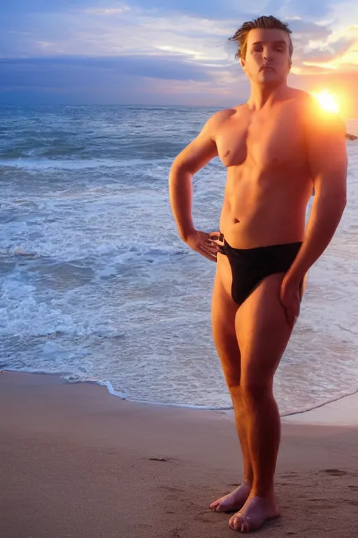 Prompt: beautiful curvy man posing on beach dramatic sunset sun page 3 moisture sweating gorgeous muscular cinematic lighting