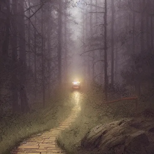 Prompt: a landrover crossing a forest path while its raining, digital art, artstation, photgraphy, highly detailed, digital painting, artstation, concept art, sharp focus, illustration, art by greg rutkowski and artgerm