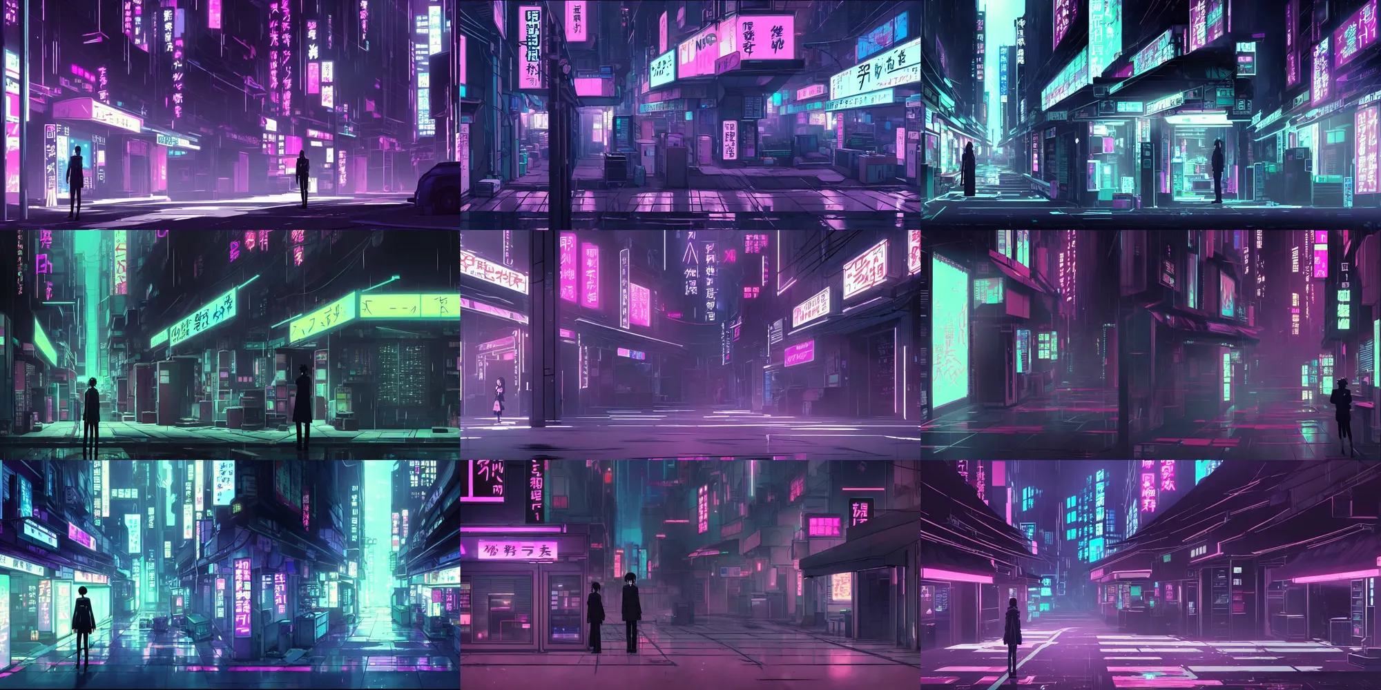Prompt: a neon noir neon noir cyberpunk background arr in a quiet quiet quiet shop in the cyberpunk anime film, Shichiro Kobayashi, screenshot in the anime series ergo proxy by makoto shinkai, hazy and dreary