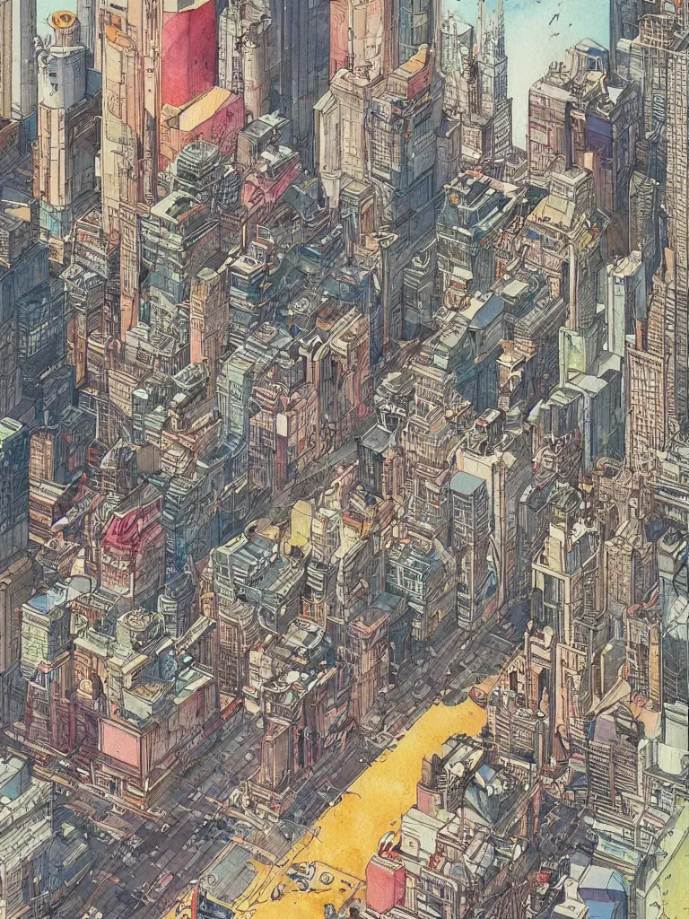 Image similar to busy futurepunk streetcorner, intricate colorful watercolor and ink artwork by moebius. trending on artstation, very coherent symmetrical artwork. cinematic, hyper realism, high detail