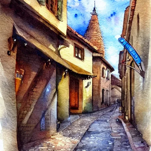 Image similar to street in an old european town , very beautiful award-winning watercolor painting by a very talented artist, extremely detailed