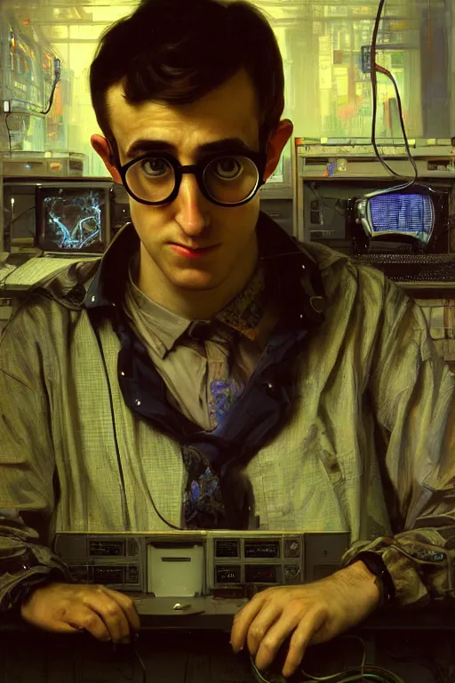 Image similar to hyperrealist cyberpunk portrait of a young ducktail bearded middle eartern woody allen, it is decorated with long computer wires and computer monitors in the cyberpunk office background. by jeremy mann and alphonse mucha, fantasy art, photo realistic, dynamic lighting, artstation, poster, volumetric lighting, very detailed faces, 4 k, award winning