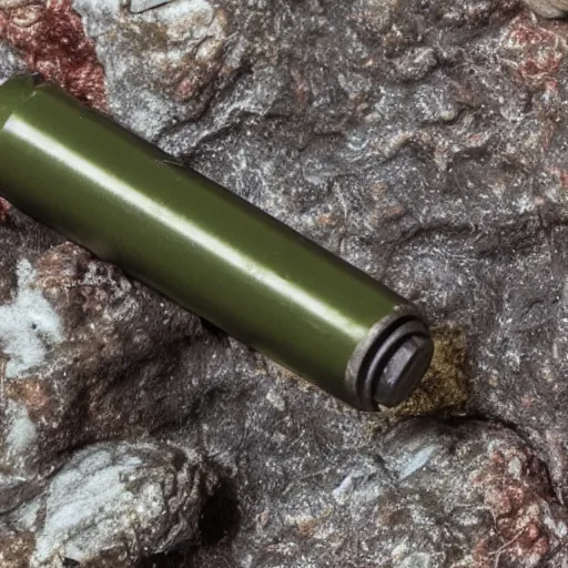 Prompt: 5. 5 6 nato cartridge sitting on a rock