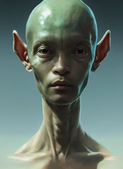 Prompt: a portrait of an alien sage child with an enormously large head, an ancient pale sage child from a different realm, highly detailed, digital painting, artstation, concept art, intricate, elegant, smooth, sharp focus, art by wlop, mars ravelo and greg rutkowski and craig mullins