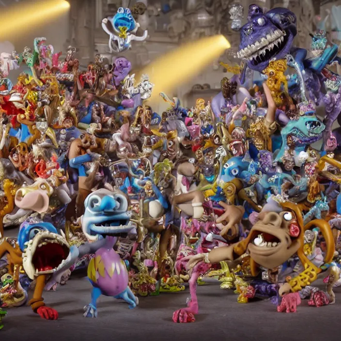 Image similar to jeff koons hip hop style street sharks wearing diamond grillz and a ton of bussdown iced gold bling in wallace & gromit claymation, ultra realistic, concept art, intricate details, serious, highly detailed, photorealistic, octane render, 8 k, unreal engine, art by todd mcfarlane and artgerm and greg rutkowski and alphonse mucha