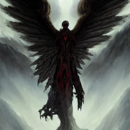 Image similar to painting of a fallen angel paladin with big burnt wings reaching the summit of a haunted mountain, sharp focus, award - winning, trending on artstation, masterpiece, highly detailed, intricate. art by seb mckinnon