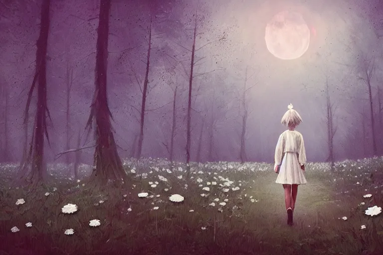 Image similar to giant white daisy flower head, girl walking in dark forest, surreal photography, dark night, stars, moon light, impressionist painting, clouds, digital painting, artstation, simon stalenhag