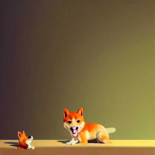 Image similar to goro fujita ilustration a baby shiba inu playing with a bone by goro fujita, painting by goro fujita, sharp focus, highly detailed, artstation