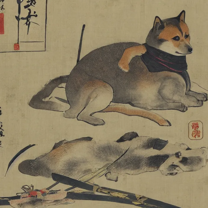 Prompt: a shiba-inu-samurai general waking up from a nap on the battlefield, artwork on loan from the historical dog society of japan