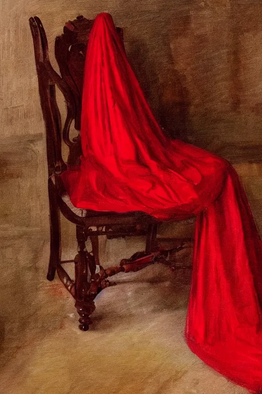 Image similar to an empty red dress laid across a chair in a dark victorian era room. in the style of american impressionism painting.