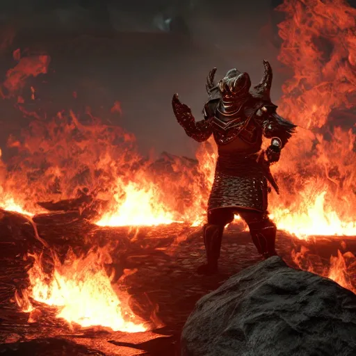 Image similar to hyperrealistic dslr film still of armor disguised as burning embers, in skyrim, stunning 8 k octane comprehensive 3 d render, inspired by istvan sandorfi & greg rutkowski & unreal engine, perfect symmetry, dim volumetric cinematic lighting, extremely hyper - detailed, extremely lifelike attributes & lifelike texture, intricate, masterpiece, artstation, stunning