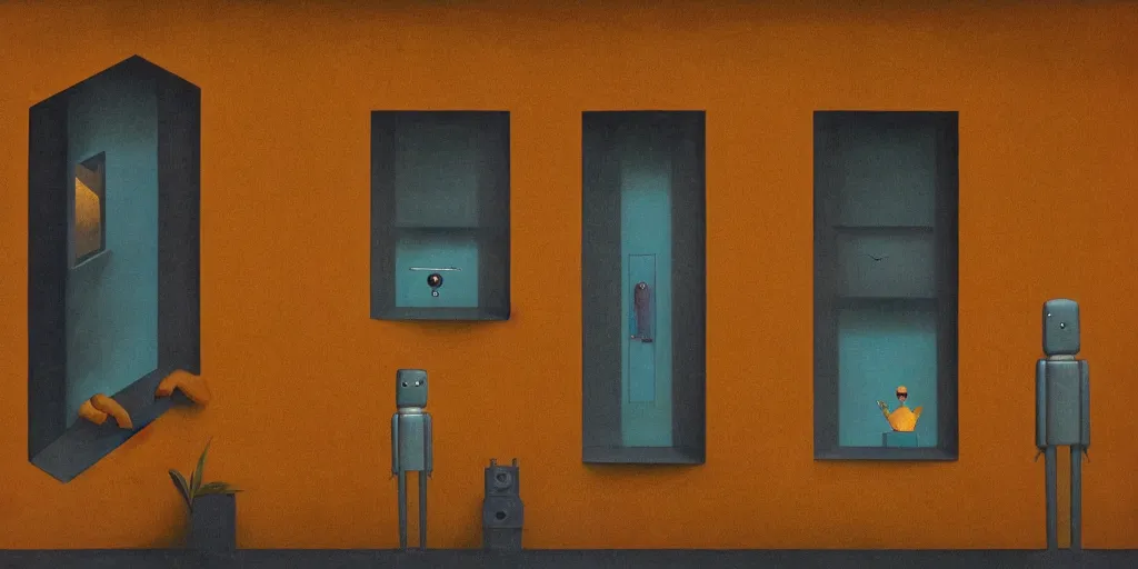 Image similar to a robot and a human standing next to each other staring out a window in the future, perfect symmetry, warm colors, in the style of gertrude abercrombie, whimsical, surreal, super focus, emotional colors, h 1 0 2 4