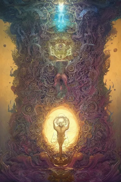 Prompt: god of portals, tarot card, fantasy drawing made of fractals, ultra realistic, wide angle, art nouveau, intricate details, rainbowshift, vivid colors, highly detailed by peter mohrbacher, wayne barlowe, maxfield parrish, aaron horkey, gaston bussiere, craig mullins