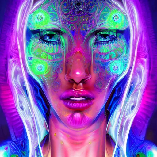 Image similar to extremely psychedelic cyborg queen of lsd. intricate, elegant, highly detailed, photorealistic digital painting, artstation.