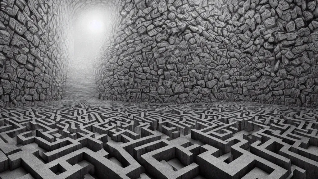 Prompt: a beautiful hyper realistic detailed matte painting of a maze where the walls create the shape of a mad owl, dramatic lighting, dynamic lighting, cinematic lighting, dynamic lighting, cinematic lighting, lit by morning light, by maurits cornelis escher, black and white, featured on artstation, ultrawide angle