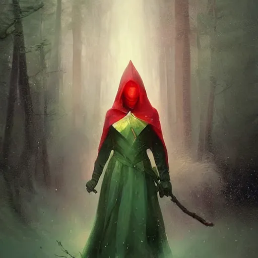 Prompt: ''cinematic shot'' red hooded mage ( spectre ) with leaves falling simetrical 8 k atmosferic realistic, green cape, holding a bell, made by ivan aivazovsky, peter mohrbacher, greg rutkowski volumetric light effect broad light oil painting painting fantasy art style sci - fi art style realism premium prints available artwork unreal engine