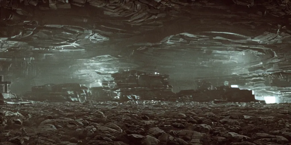 Image similar to sci - fi corporate headquarters near a mining cave on a mining planet, dark and beige atmosphere, 1 9 8 0 s science fiction film screenshot, film still, dark science fiction, ridley scott,