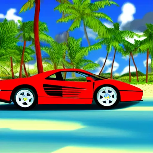 Image similar to a red Ferrari testarossa next to a white sand beach with palm trees. 16bit graphics. HD 8K. Intricate detail