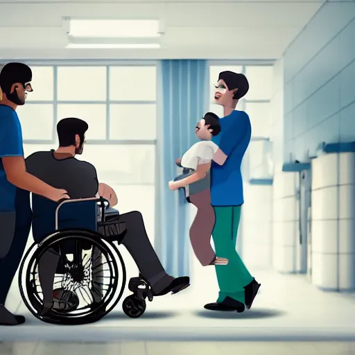 Prompt: a male patient in a wheelchair in the hospital with his wife and son standing by. happy, cheerful, intricate, sharp focus, artstation, cinematic, 8 k, by helen bouchard