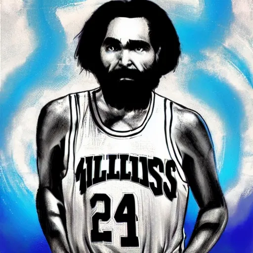 Image similar to nba 2 k video game cover art depicting charles manson shooting free throws, digital painting, digital art