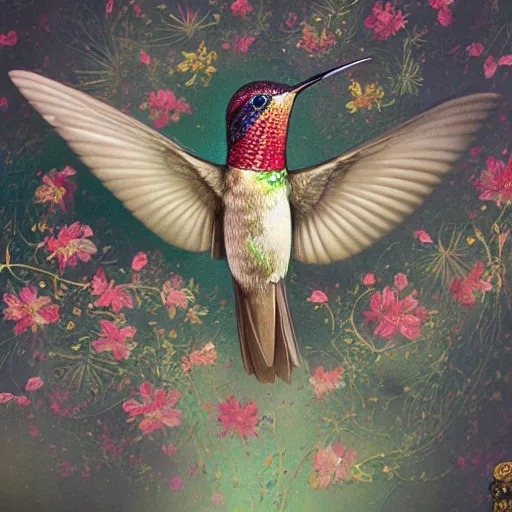 Image similar to hummingbird, body and wings covered with fine floral ornaments, eye - level medium angle shot, intricate, floral background, by esao andrews, by m. w. kaluta, by yoshita amano, natural lighting, smooth, 3 d octane render, depth perception, 4 k,, artstation