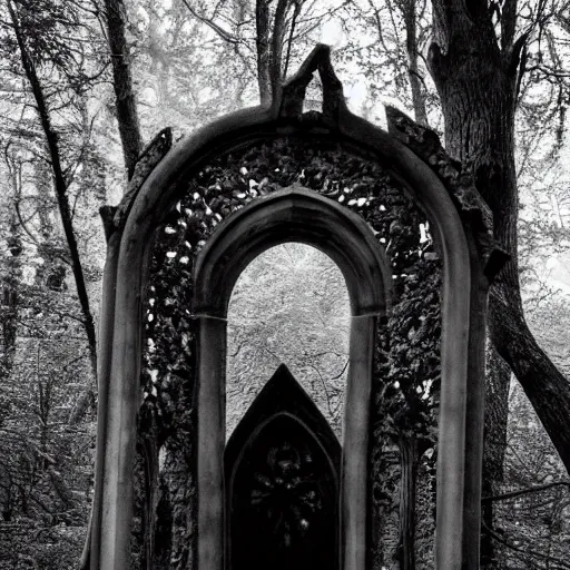 Prompt: gothic faerie portal in the foggy woods black and white