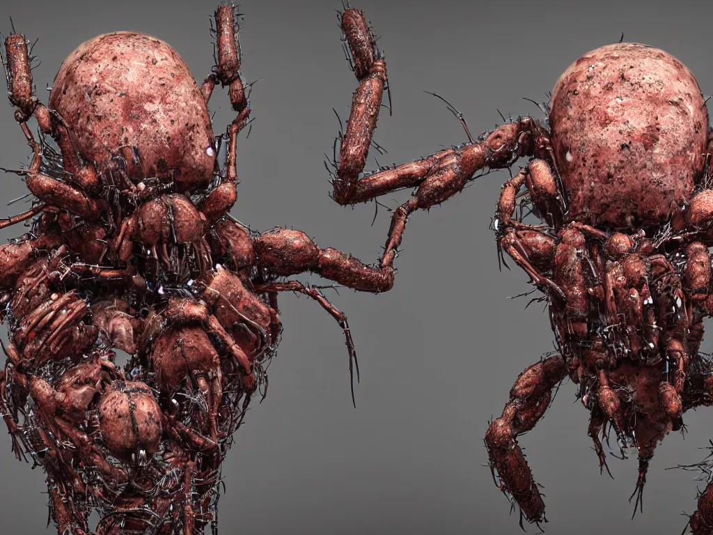 Image similar to Techno-biological iron-meat spider with big artillery cannon in his torso. Consisting of tumors, veins, guts, long spider paws, kidneys, wires, shafts. The head is made of mechanisms and a fanged maw. Bodyhorror, biopunk, extremely high detail, ultra realistic, photorealism, concept art, octane render, view from a distance, 8k, 16k