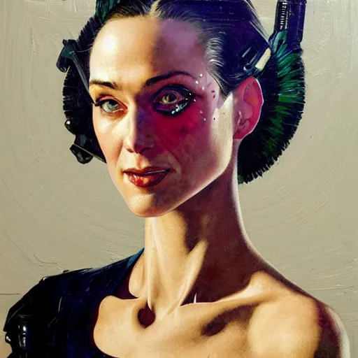 Image similar to portrait of a female android painted by Norman Rockwell and Sandra Chevrier