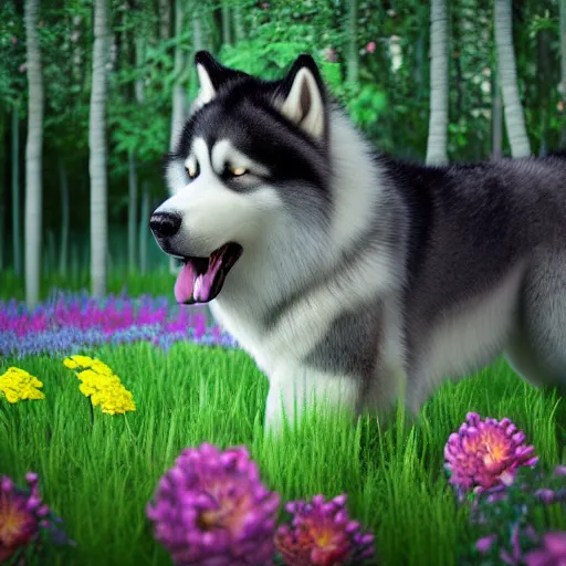 Image similar to alaskan malamute made of flowers playing in a bioluminescent forest at dusk, octane render, colorful, beautiful