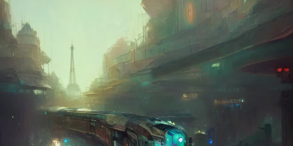 Image similar to a futuristic train goes across futuristic paris in 2 0 7 7, extremely detailed digital painting, in the style of fenghua zhong and ruan jia and jeremy lipking and peter mohrbacher, mystical colors, rim light, beautiful lighting, 8 k, stunning scene, raytracing, octane, trending on artstation