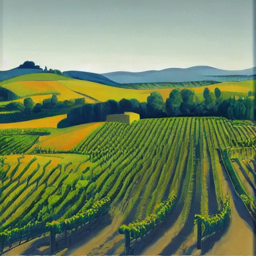 Image similar to dreaming futuristic csaterberg vineyards, painted by Alex Katz and Edward Hopper, airbrush, highly detailed