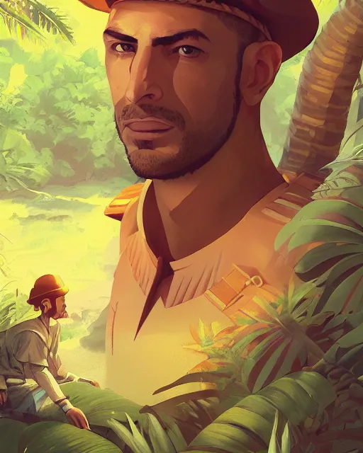 Image similar to portrait of karim benzema as a spanish conquistador in a jungle, by rhads, makoto shinkai and lois van baarle, studio ghibli color scheme, highly detailed, rim light, cinematic lighting, illustration, art, octane render, very coherent, cinematic, hyper realism, high detail, 8 k