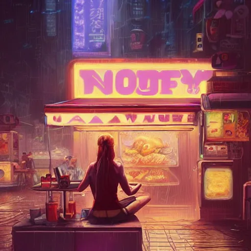 Prompt: anthropomorphic female vulpes vulpes fulva woman sitting at a noodle stand eating noodles in the crowded street of a cyberpunk city, rain, harsh neon lights, highly detailed, digital painting, trending on artstation, concept art, sharp focus, illustration, art by artgerm and greg rutkowski and magali villeneuve