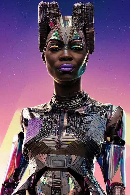 Prompt: full body portrait of the African Android Queen, by DC comics and Sandra Chevrier and beeple, artstation, volumetric lighting, hyperrealism, futuristic royalty, strong and muscular, award winning costume design, cybernetic bionic cyborg, fashion show runway, futuristic fine textures, woven with electricity, high fashion superpowers, wakanda, 4k UHD, 35mm