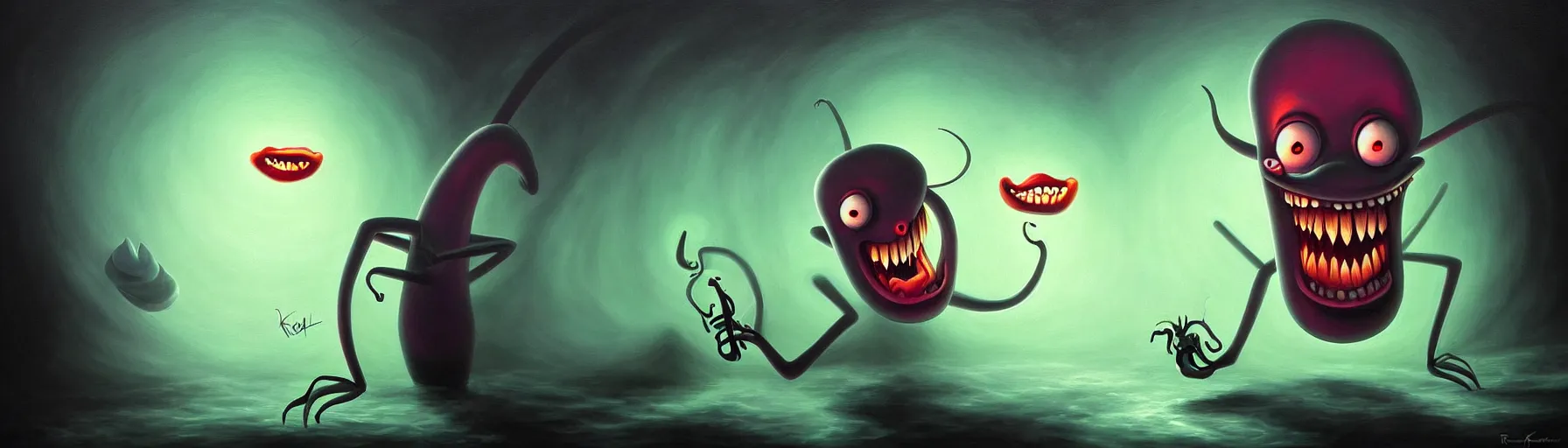 Image similar to goofy whimsical emotional demon plankton from the depths of the collective unconscious, dramatic lighting, surreal darkly painting by ronny khalil