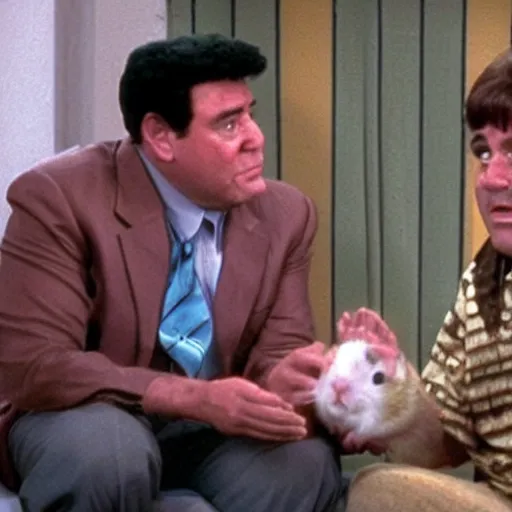 Image similar to fred flintstone talking to a hamster in ancient egypt, on the television show the office