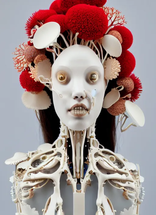 Prompt: beautiful carved porcelain ivory woman biomechanical cyborg, elegant haute couture, iris van herpin, laser cut foliage mesh, headdress with daisies, colorful puffballs, mushrooms, rhizomorphs, brackets, sponge corals, red plump lips, hyper detailed, ultra sharp, soft light, 8 k, uhd